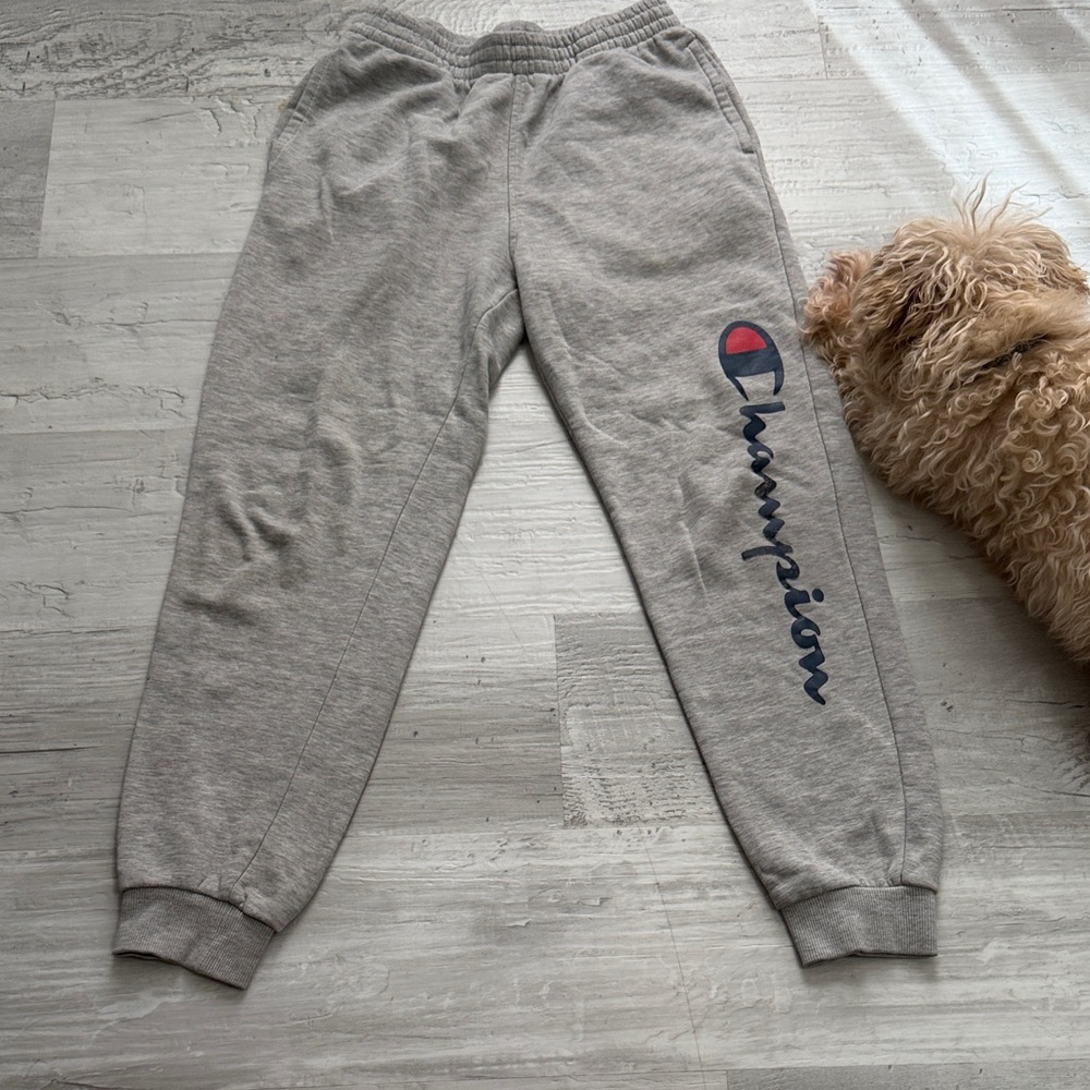 Champion Kids Light Gray Jogger Sweatpants with Navy & Red Logo